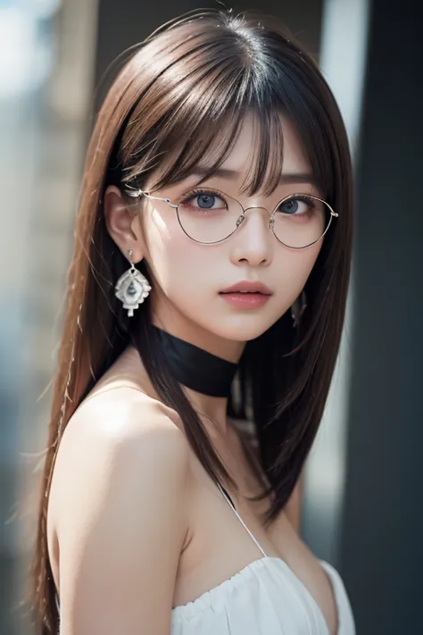 8k wallpaper, masterpiece,  movie lights,  top quality,  illustration, Dramatic angle, ((color: 1.1)), ((color inner hair: 1.4)),  One Girl , alone,  long hair, water,   blue eyes,  Black Eyewear,  choker ,  open lips, white  choker , Liquid Hair,  black h...