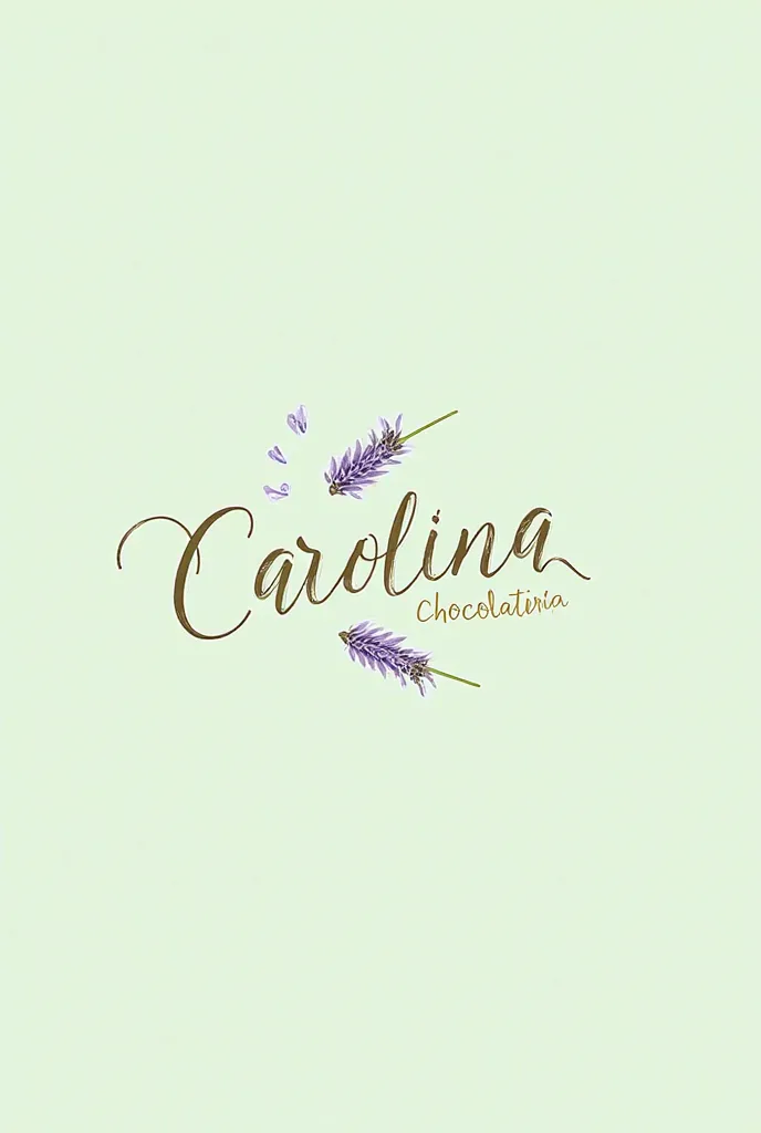 Create a logo with the name Carolina Chocolateria with a light pistachio green background with delicate letters and lavender flowers