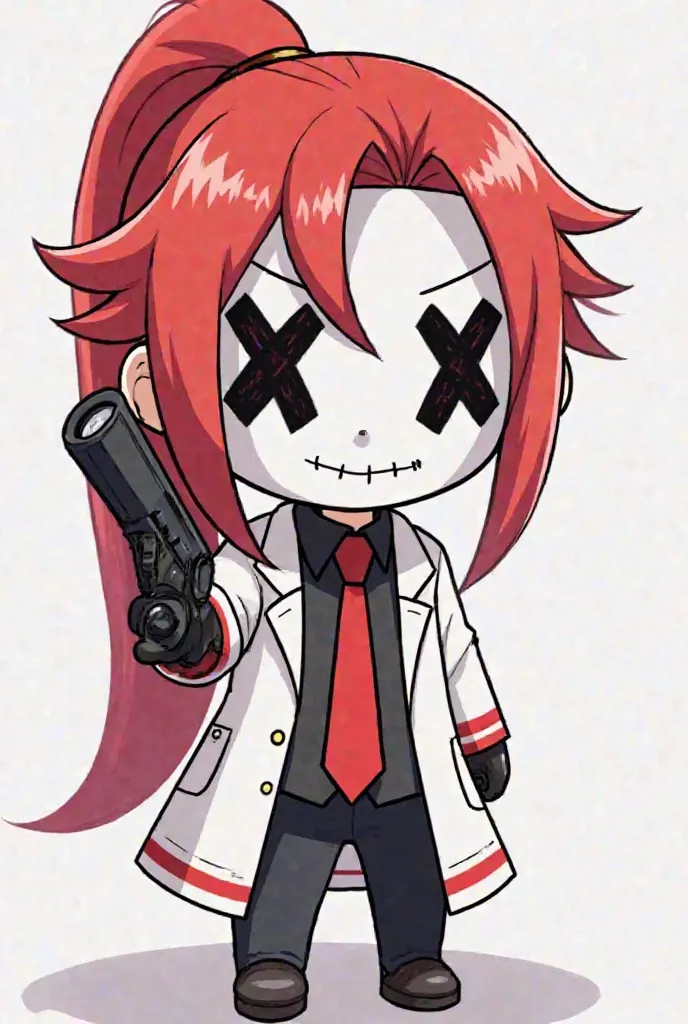 masterpiece, Anime Style, Chibi,  illustrated logo , medium-short plane, emote for Twitch about a boy with long red hair held in a ponytail, who wears a white coat with a black shirt and a red tie, the robe has a few red stripes, and has a white mask that ...