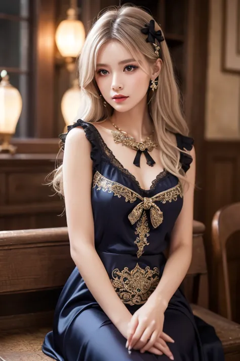  One Girl ,  long hair, Light Hair Color,  enchanting eyes,  Mysterious Expressions , Mature Appearance, Attractive dress,  Relaxed Dress, Graceful Jewels , Intricate decoration, Magic symbols, Glowing Accessories,  potion , Scroll, Cute accent, bow, ribbo...