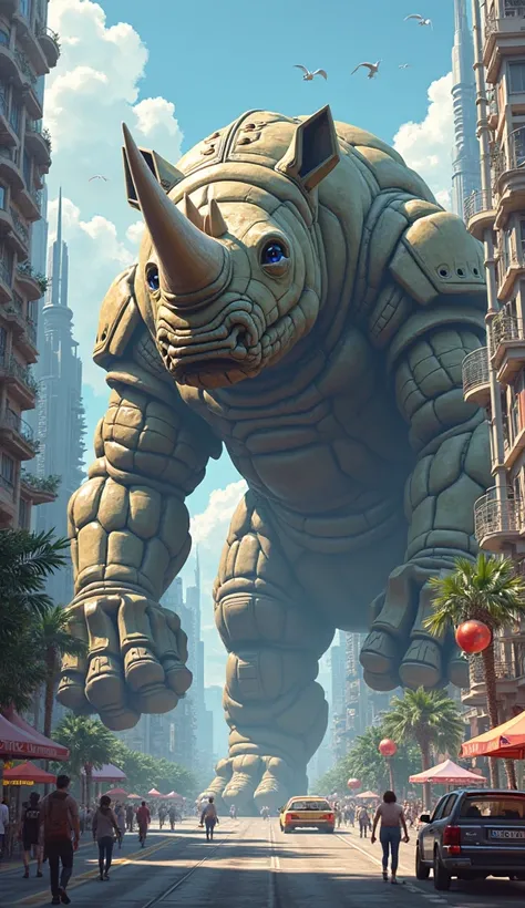 a rhino monster is lying down in a modern city 3d cartoon