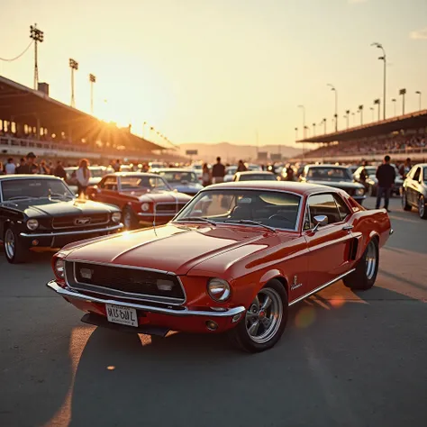 Create a professional realistic photograph of a vintage car meet at an autodrome. The background features a bustling autodrome filled with classic cars such as the opala, Maverick, Chevette, Landal, Mustang, f250, and f1000. The image is of high quality, c...