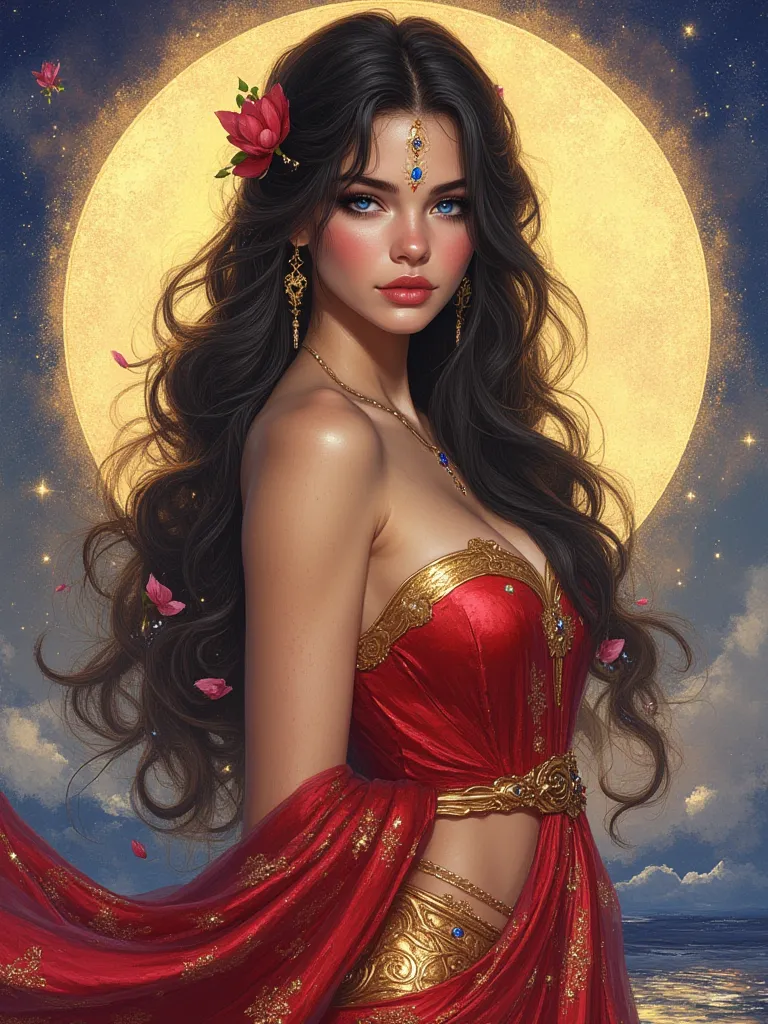 oil painting hyperrealistic fantasy, beautiful 25-year-old Russian woman with Russian features, long and wavy jet black hair, sapphire blue eyes, shiny reddish lip gloss, white skin de porcelana como muñeca,  pink cheeks, Red sari with gold embroidery, flo...