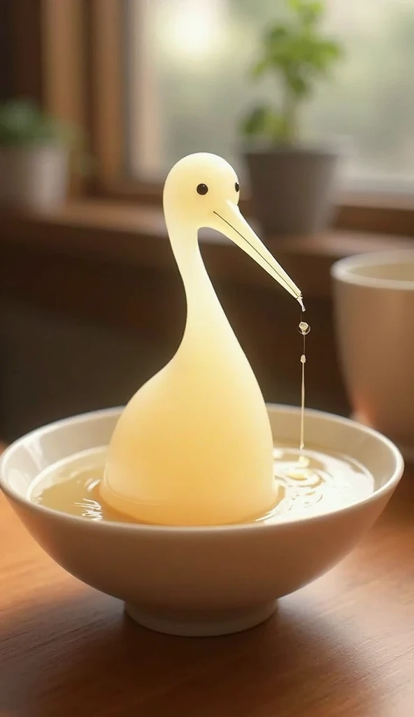 Milk-colored, transparent pudding in a bowl、The shape is a bush-billed stork,The background is a Japanese coffee shop