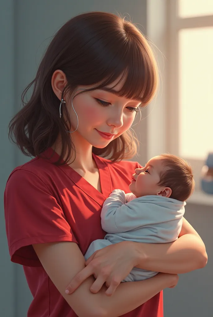 A white-skinned girl with short shoulder-length hair and bangs, brown-colored,  brown eyes, wearing a red clinical uniform,  holding a baby in her arms 