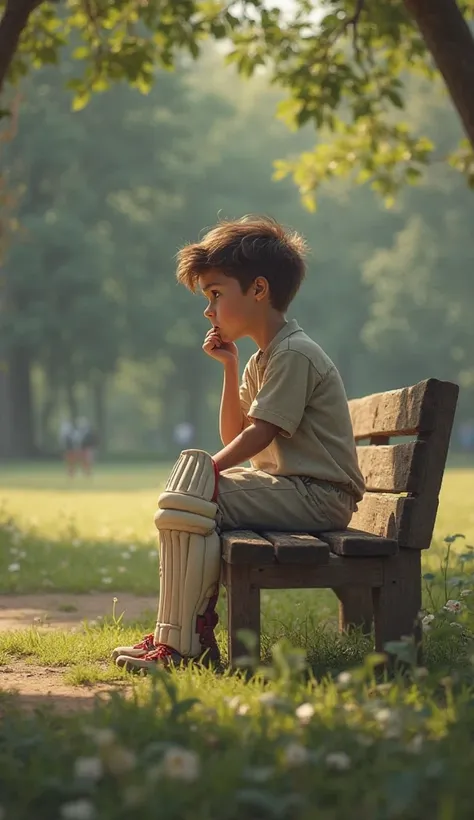 A thoughtful boy sitting on a bench, remembering his previous matches, analyzing his batting stance.
