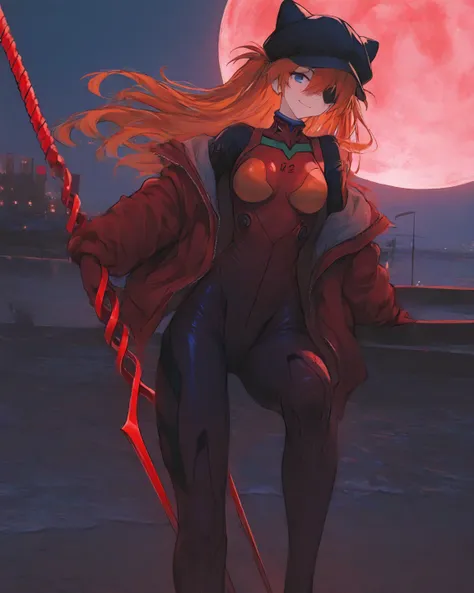   masterpiece, Top Quality,    vibrant, wopen leg,    latest,  
medium breasts,  Neon Genesis Evangelion、     woman 1 person、 、Su Long Aska Langley 、 orange hair、   Blue Eyes、    eye patch    、 Black Hat、 red jacket、  open jacket 、  red plug suit、( red jac...