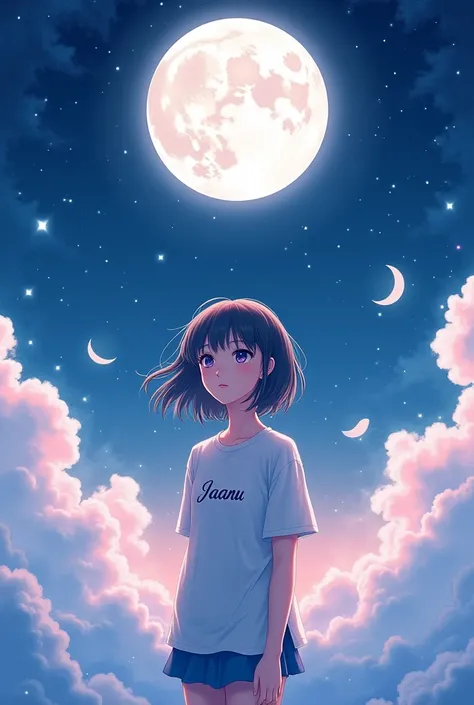 This is whats app dp image...the girl is see in the moon on the sky.. and her name is Print on her t.shirt ..her name is Jaanu...Anime image
