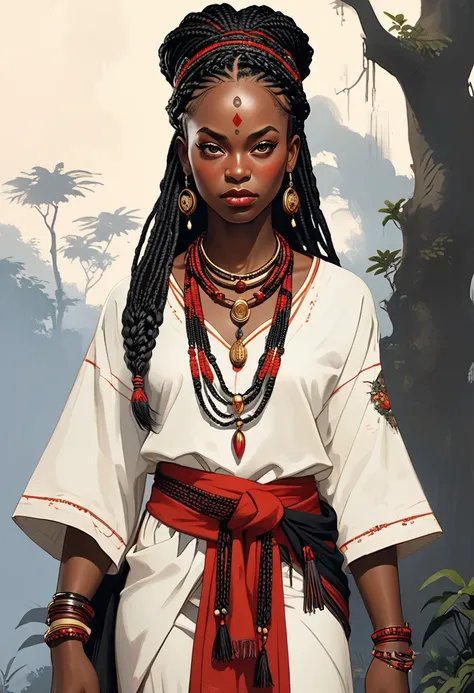 (Orixa Eśu, Yoruba deity, man), [First: black with a soft glow that seems to change the tone depending on the light]. [eyes: intense, , which vary between red, golden, and black, , symbolizing her connection with the spiritual]. [Hair: braids or dreadlocks...