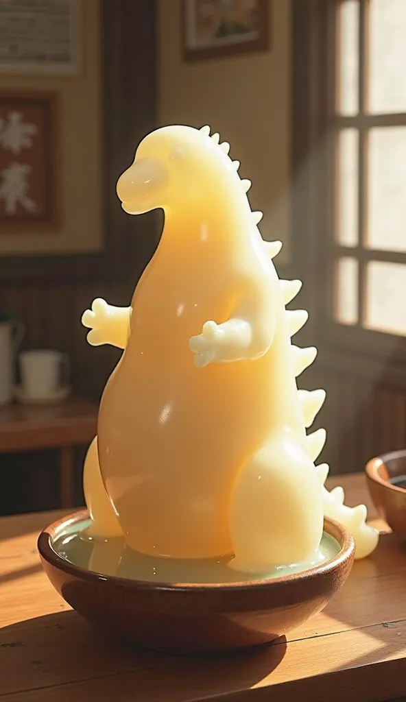 Milk-colored, transparent pudding in a bowl、The shape is Godzilla,The background is a Japanese coffee shop