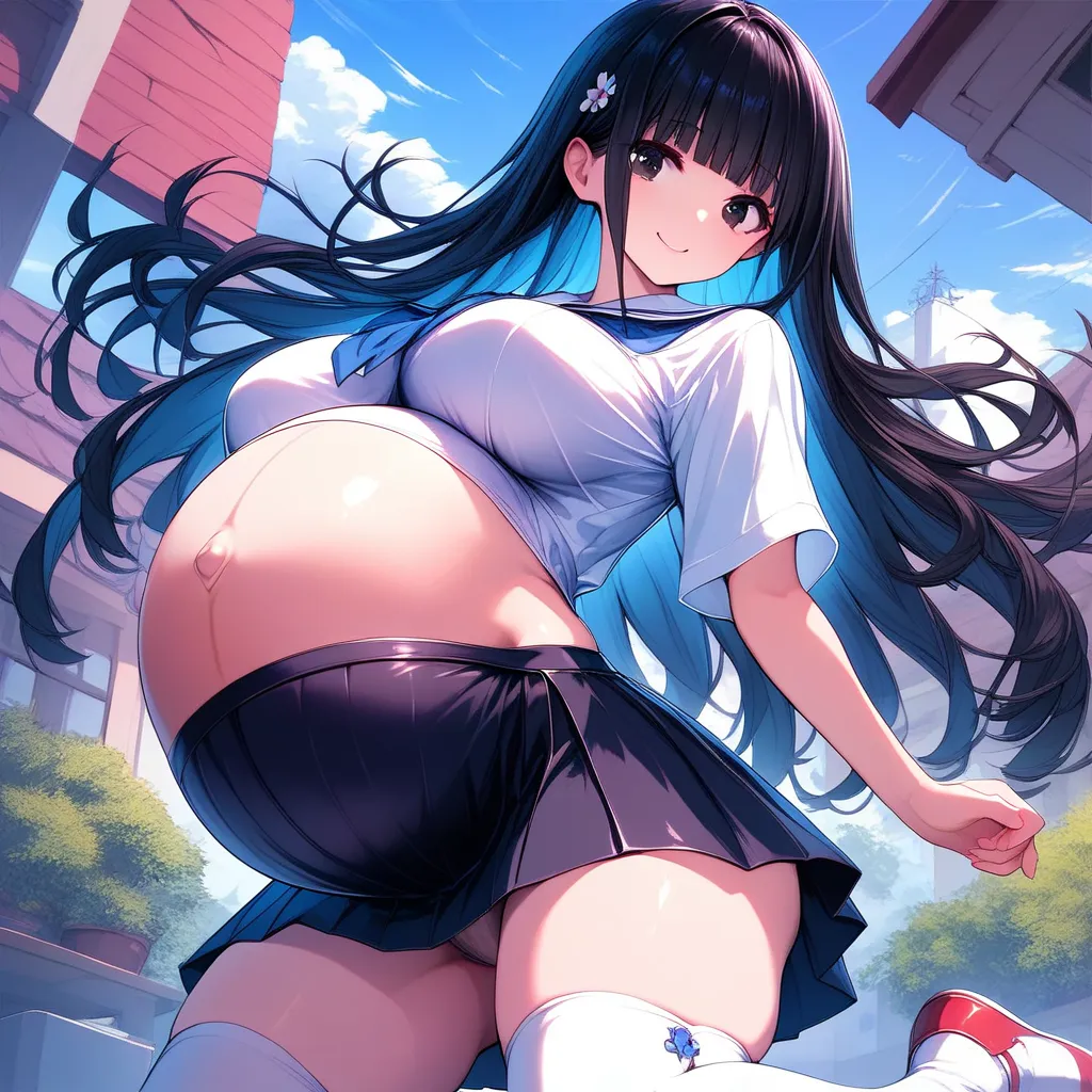 masterpiece,realistic,gradation,masterpiece,16k or 8k,ultra detailed,schools,1 woman is, huge breasts ,白いschoolsの制服,black skirt,White socks, Smile,  seductive thighs,big thighs, safe delivery type,black eyes,pupil,long hair,blunt bangs, black hair,cute fac...