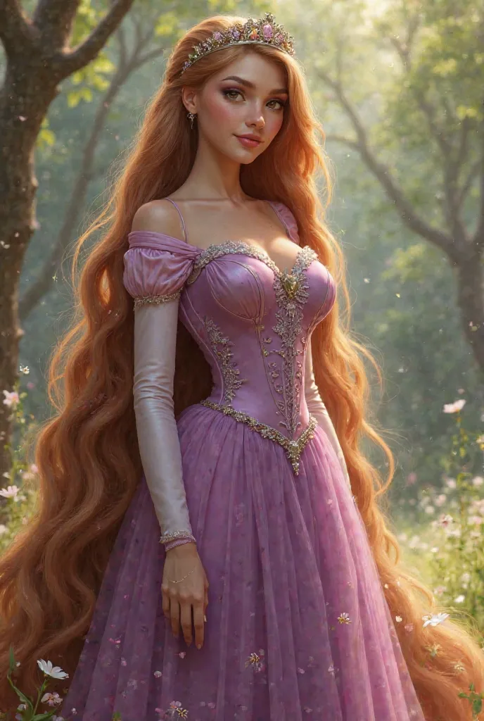 Rapunzel with copper brown hair in real life wearing a tiara and lilac dress with hip-length hair 