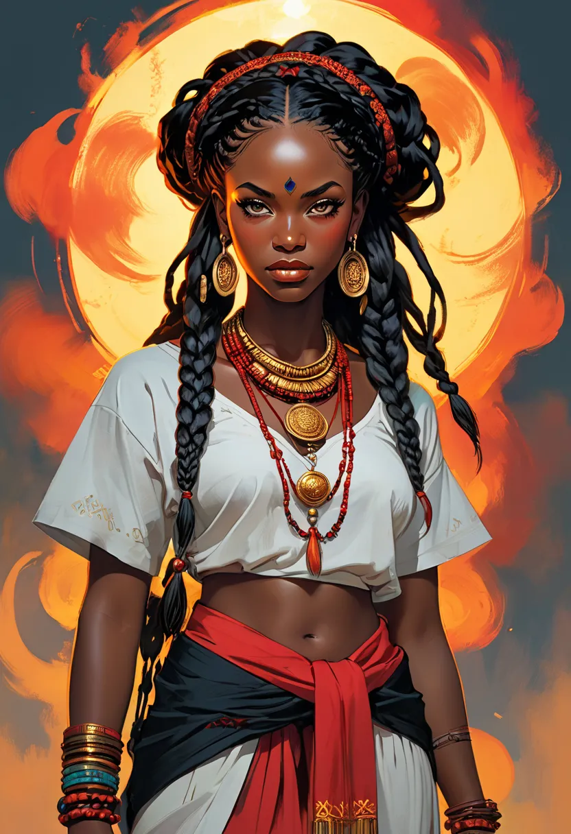 (Orixa Eśu, Yoruba deity, man), [First: black with a soft glow that seems to change the tone depending on the light]. [eyes: intense, , which vary between red, golden, and black, , symbolizing her connection with the spiritual]. [Hair: braids or dreadlocks...