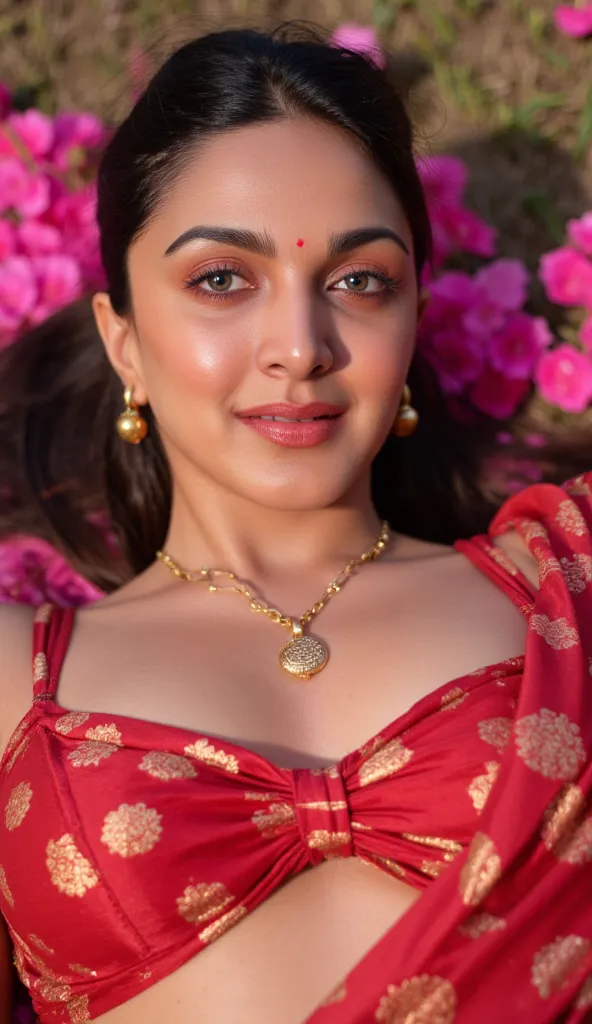 extreme close up photo of indian, orgasm, lying on pink flower garden, seductive eyes, look at viewer and smile, necklace, red lips, saree, sultry, ponytail, (cinematic:1.3), intricate details, (ArtStation:1.2)