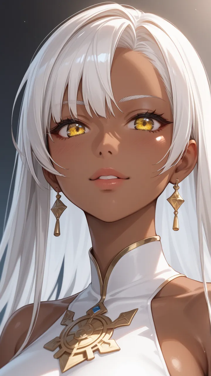 score_9, score_8_up, score_7_up, (Masterpiece, very high quality, very detailed representation, amazing high definition, high quality anime drawings, anime style), Portrait of a dark-skinned girl with white hair and yellow eyes, 1 girl, dark skin, long whi...