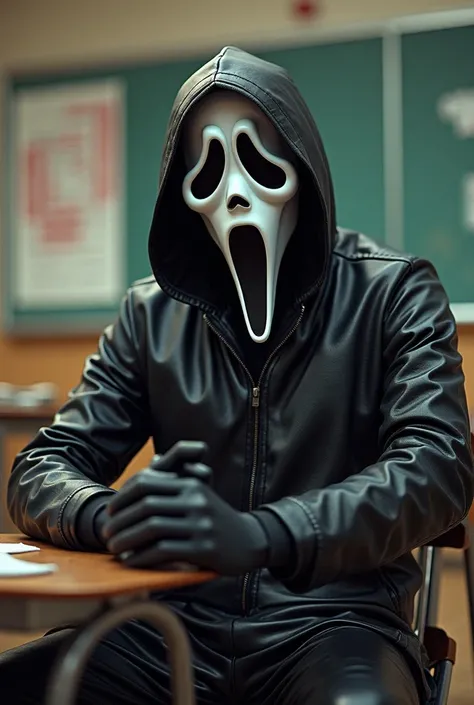 Ghostface from the horror movie scream wearing black leather jacket black gloves black leather pants background sitting at teachers desk cartoon 