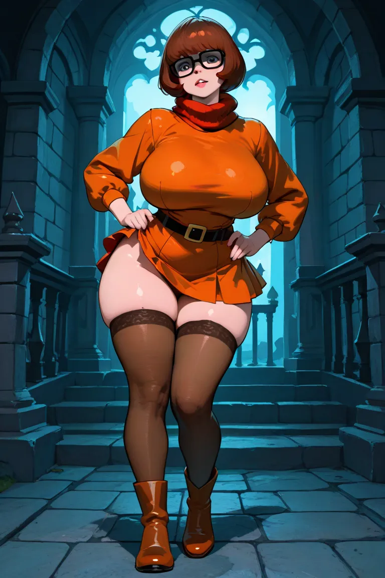 Very voluptuous Velma Dinkley character having sex doggie style with Scooby-Doo, full body shoot, on a spooky castle background, 