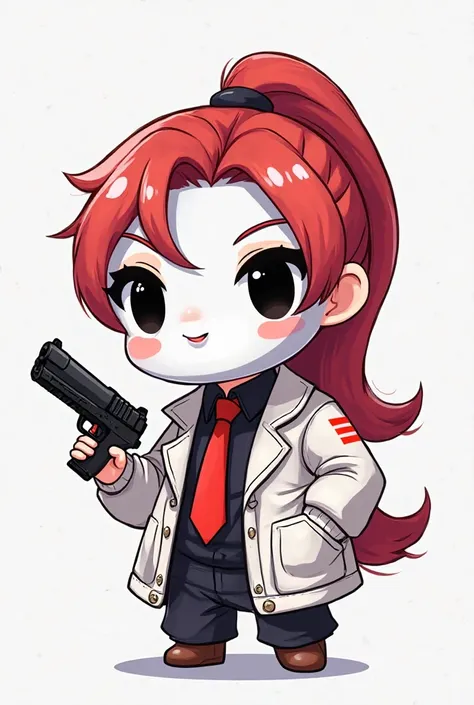 masterpiece, Anime Style, Chibi,   illustrated logo  , medium-short plane , emote for Twitch about a boy with long red hair tied in a ponytail, who wears a white coat with a black shirt and a red tie, The tunic has some red stripes, and has a white mask th...