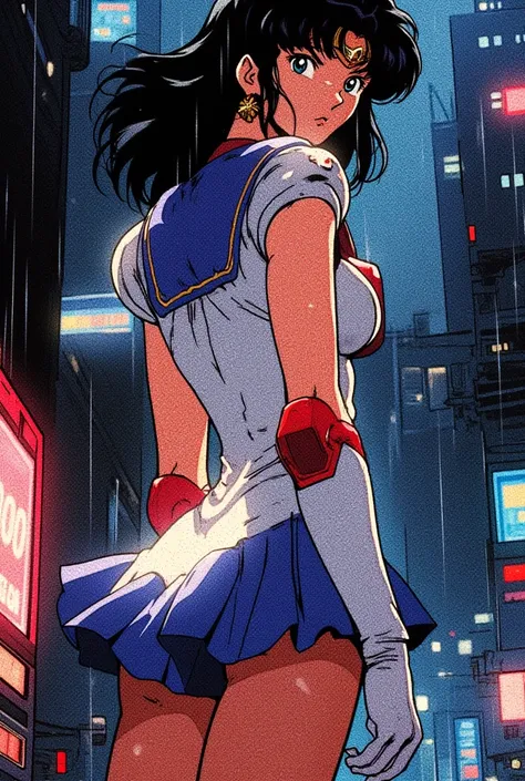 A digital illustration in a highly detailed, vibrant, high-contrast, semi-realistic art style with 90s retro-futuristic anime elements, without noise or comic halftone effects. The subject is Sailor Moon, a woman with dark shoulder-length hair styled in he...