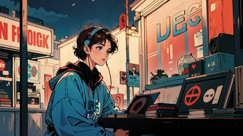 beautiful girl, Alone, 1980s Tokyo beautiful night, retro, 21 years old, beautiful woman, Bob hair, black eyes, Wearing large headphone, Record shop, listening to Citypop music, brown hair, Night