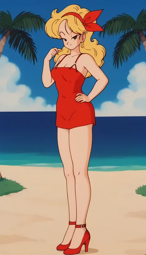 source_anime, score_9, score_8_up, score_7_up, anime screencap, high quality, outdoors, (1girl), palm tree, ocean, grass, cowboy shot, looking at viewer, retro artstyle, bad launch, 1girl, solo, outdoors, blonde hair, long hair, curly hair, red hair ribbon...