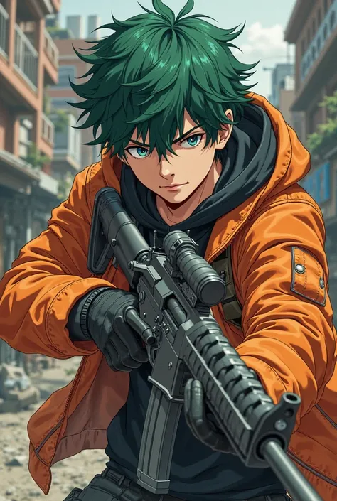  Japanese young man with dark green hair wearing an orange jacket and black sweatshirt、Illustration of hitting an assault rifle