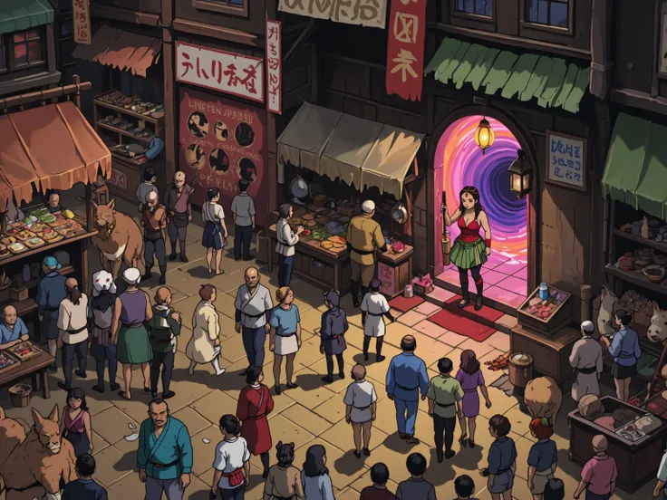 A cartoon image in the style of Ghibli, ghiblistyle, a bustling market place, seen from an elevated position. Stalls and vendors selling beautiful food, grotesque ingredients. Among the sctlattered crowd are humans as well as animals walking on 2 feet, wal...