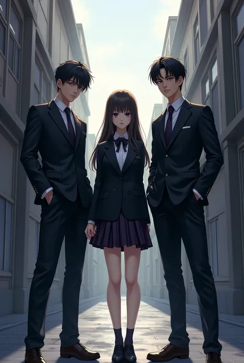 Cover where there are 3 men and a girl in the middle of high school with nice school uniforms and everyone is handsome make it a mysterious image but not so dark, A cover itself