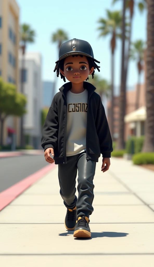 A stylized, digital figure, likely a young person, is depicted walking down a city sidewalk.The figure is centered in the frame, facing the viewer.The figure is wearing a black jacket over a light gray t-shirt with the letters "JOSMZ" and dark pants.Black ...