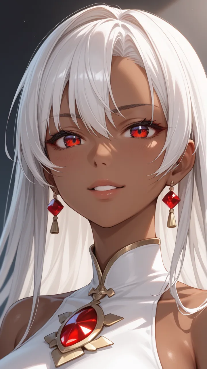 score_9, score_8_up, score_7_up, (Masterpiece, very high quality, very detailed representation, amazing high definition, high quality anime drawings, anime style), Portrait of a dark-skinned girl with white hair and red eyes, 1 girl, dark skin, long white ...