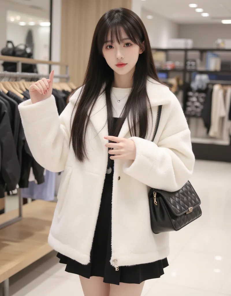  K-pop girls、 charming、Unique visuals、fresh, milky white skin、前髪のある長いblack髪、pins and straight hair、Big deer eyes 、 slim figure、known as a hot member、 real 、20 years old、Shopping while off、It's winter and I'm wearing a white coat、miniskirt（black）To boots（bl...