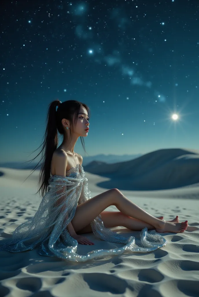 Under a sky full of stars, the 18-year-old Chinese girl lies down on the cold desert sand, wrapped in a silver cloak that shines softly under the light of the moon.  his thin and fragile body , with small shoulders,  thin waist and long, thin legs , is par...