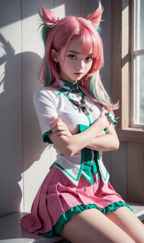 a girl, pink and green hair, white top, pink skirt