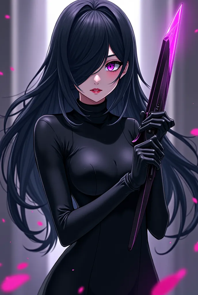 A 20-year-old girl with long black hair, with a black eye and a purple eye wearing a mask covering one of their eyes and a black full garment, A dagger in your hand anime-style