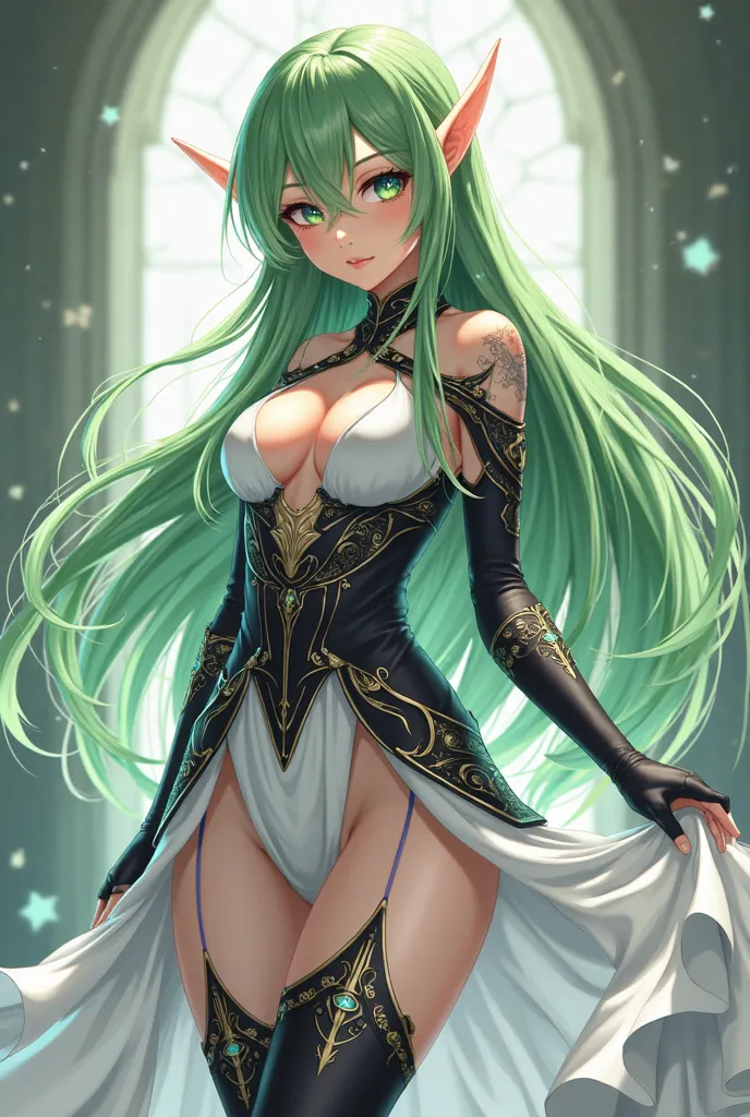 (maximum quality, boobs,  official art , full body, beautiful and aesthetic:1.2) adult, Alone, traje de full body, An Elf girl from anime, anime style,  white skin, pointy ears,  long green hair , light green eyes, Armadura preta,  White clothes, White ski...