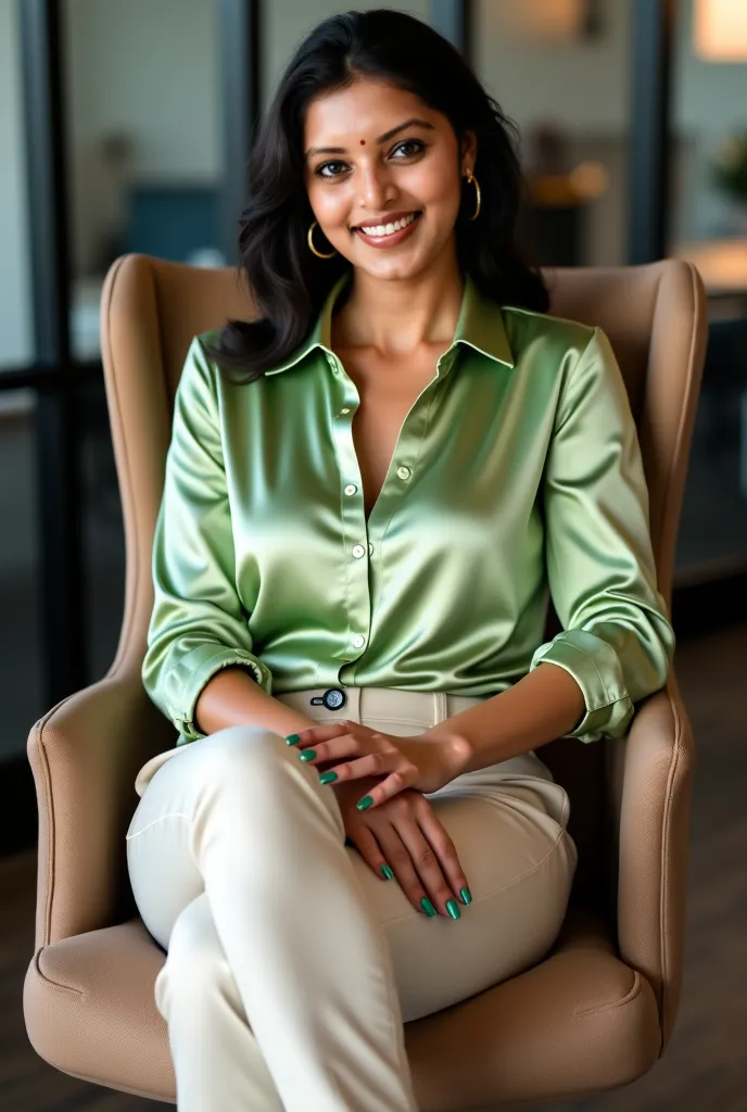 Hyperrealistic photo of a 30 yrs old woman, sitting in her office chair, looking at the camera, in a pistachio satin shirt and cream trousers, smiling, long nails with green nailpolish , seductive looks, body type medium, minimal gold jewellery, black hair...