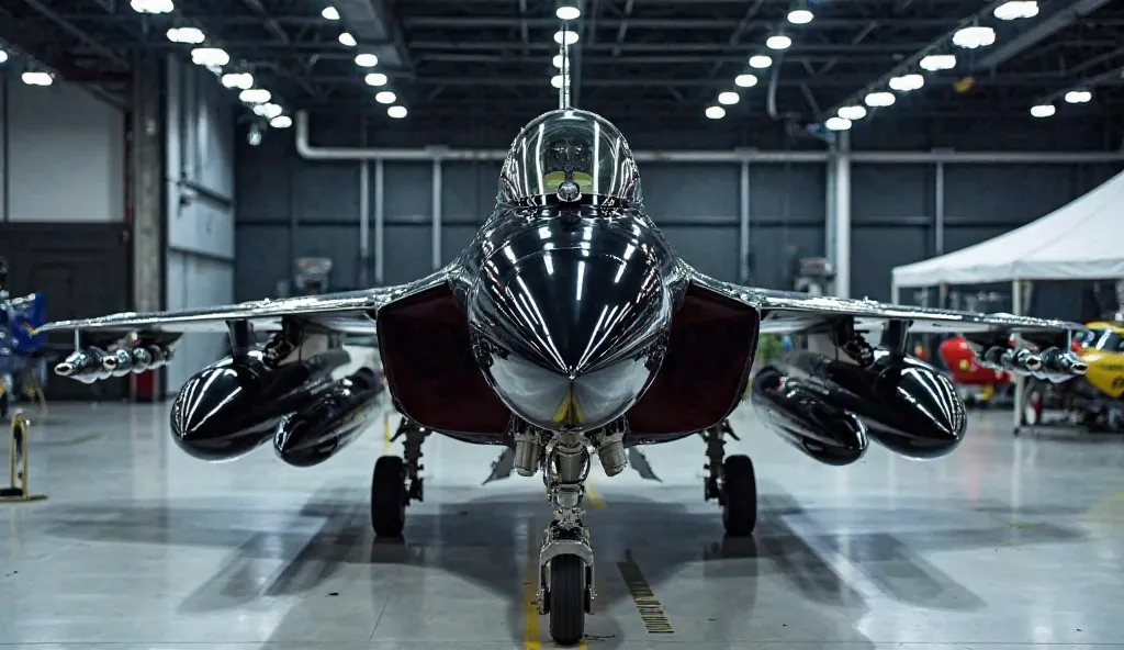 "A side-front view of a black JF-17 Thunder fighter jet in a showroom. The jet has a sleek, shiny, and reflective surface under bright lights. The setting is a high-end aircraft showroom with polished floors and a modern design. The jet's details, includin...