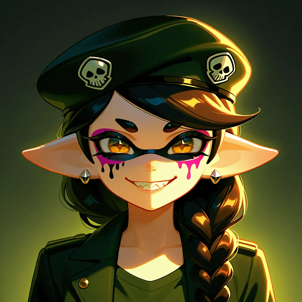 Masterpiece,Best Quality, beautiful eyes,callie form splatoon,cinematic lens effect, highly dramatic picture,Caveira from  rainbow six siege cosplat,caveira from rainbow six siege makeup,caveira makeup,  black nailpolish, hair braid, military beret, skull ...