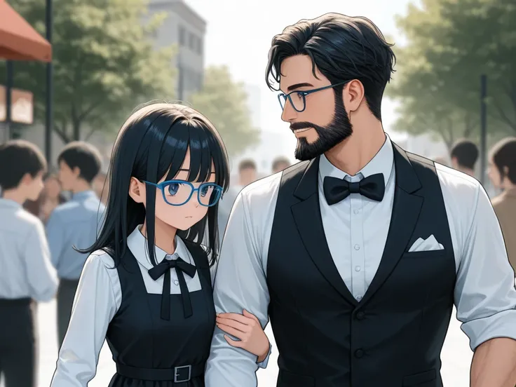 two formally dressed men, specifically with black vests over white dress shirts and black bow ties. The person on the left is thin, has slightly messy black hair with blue glasses., while the person on the right has well-groomed black hair down the side, W...