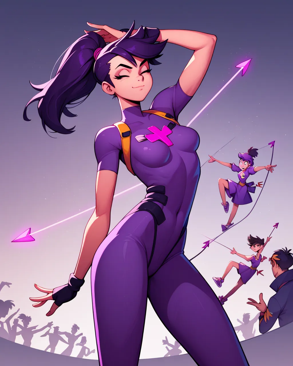 Kate Bishop (young human woman, ponytail hair, purple Hawkeye supersuit, arrows quiver), dancing, Tokyo background, tiny toons style, by diives, 