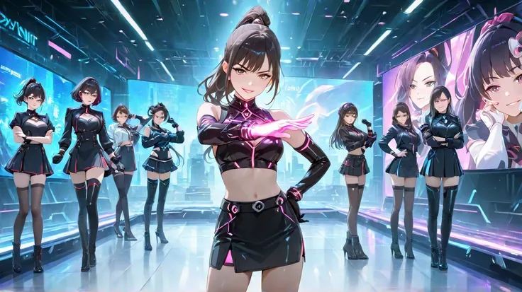 An anime-style female character striking a confident, seductive, and captivating pose on a futuristic digital stage. She has long black hair tied in a high ponytail, with strands framing her alluring face. She wears a black crop top, a shimmering short ski...