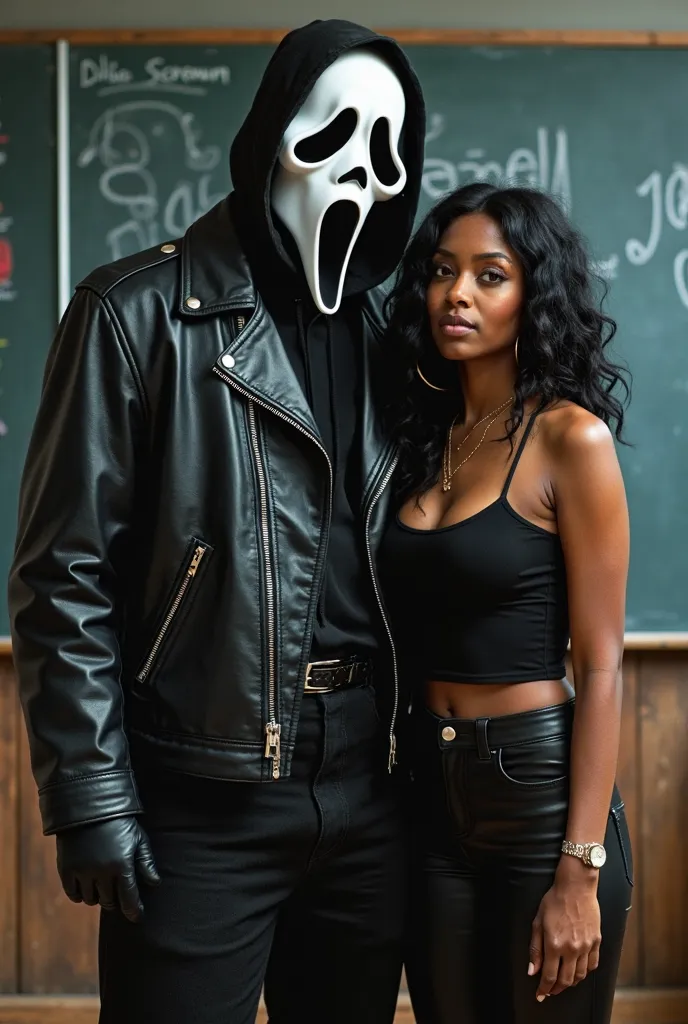 Ghostface from the horror movie scream wearing black leather jacket black gloves black leather pants background standing at chalkboard  cartoon with Tiana Rogers beside him wearing black leather pants black tank top black hair 