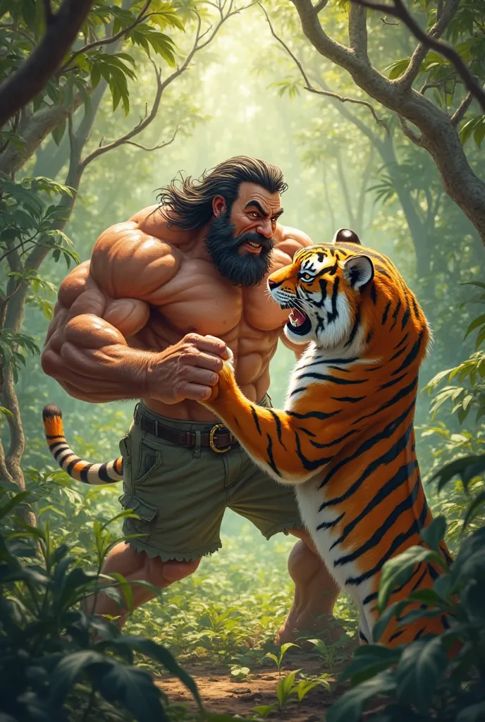 A strong junglee man attack on tiger animated with disney Pixar movies 