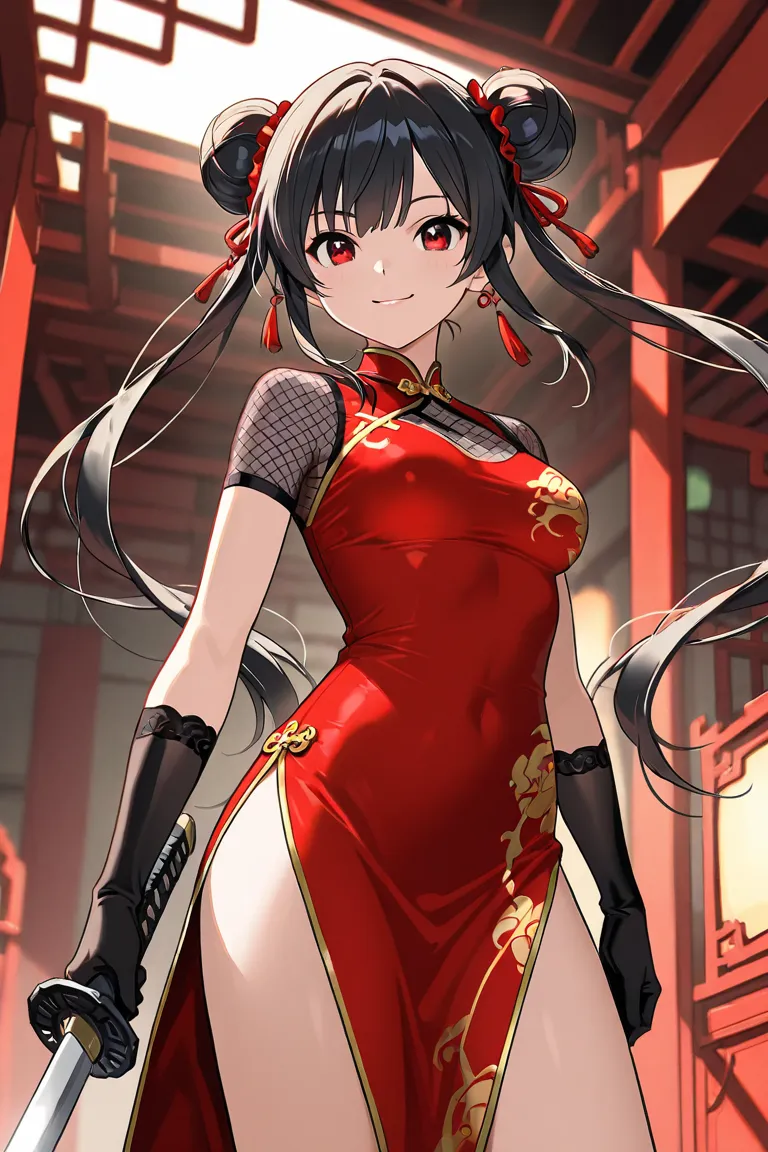 Black double bun hair, Fashioned red Cheongsam,Smile,Sword,Anime, gloves,mesh shirt