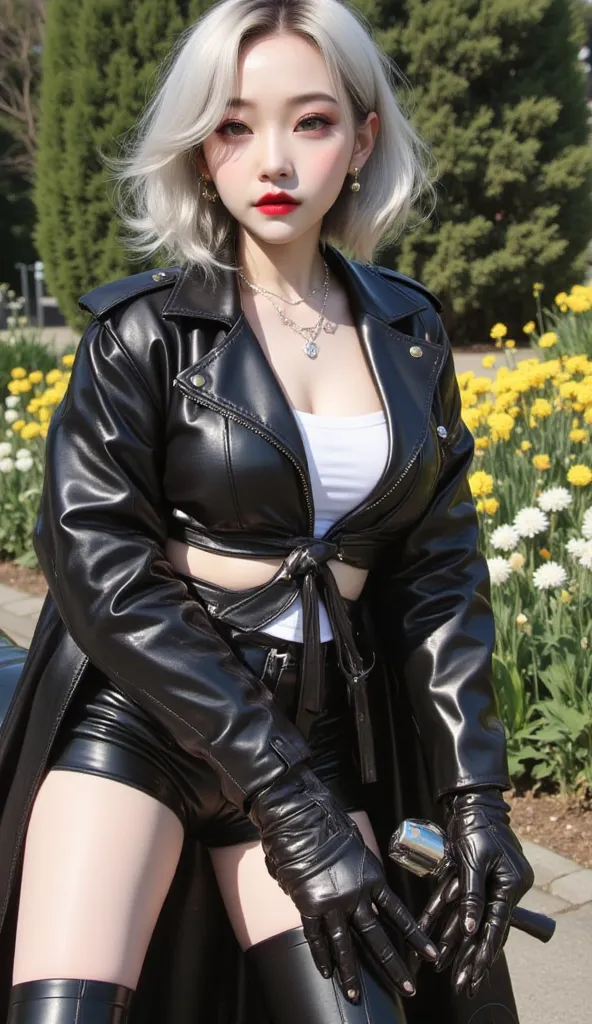 (HONDA riding a motorcycle, A park with lots of flowers, The tattoo HOT HAE is written), she is a Korean SSBBW woman, (white perm short hair), (high gloss black leather coat), (high gloss white leather blouse), (high gloss black leather gloves), (high glos...