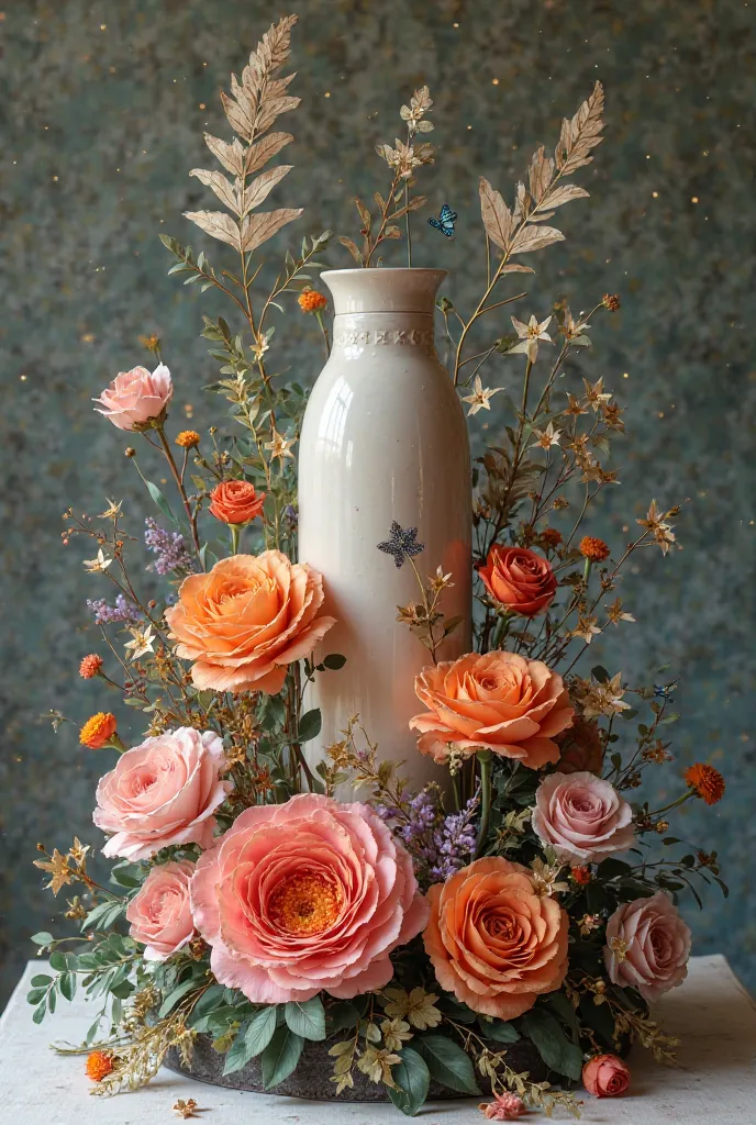 A centerpiece with a tall cylinder, curly colored roses, gold paper stars, playing cards, paper feathers between roses