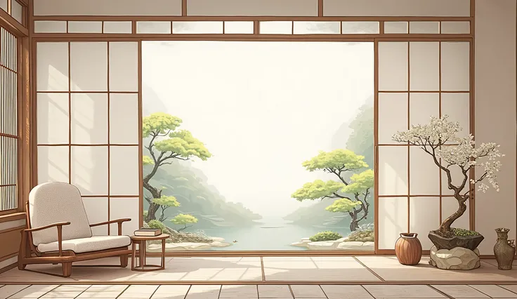 illustration in soft colors predominating , minimalism of a Japanese style living room with window to see the minimalist Japanese garden with bonsai trees, the stage evokes energy and elegance