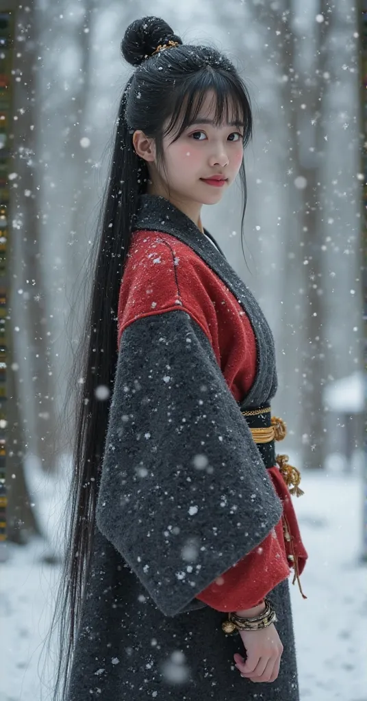  High quality. A real Oriental Japanese girl with 18 years old with beyond floor length black hair and see her "whole" body wearing thick lambswool traditional Wafuku standing nearby hot springs inside the forest, must see her whole body. The scenario of f...