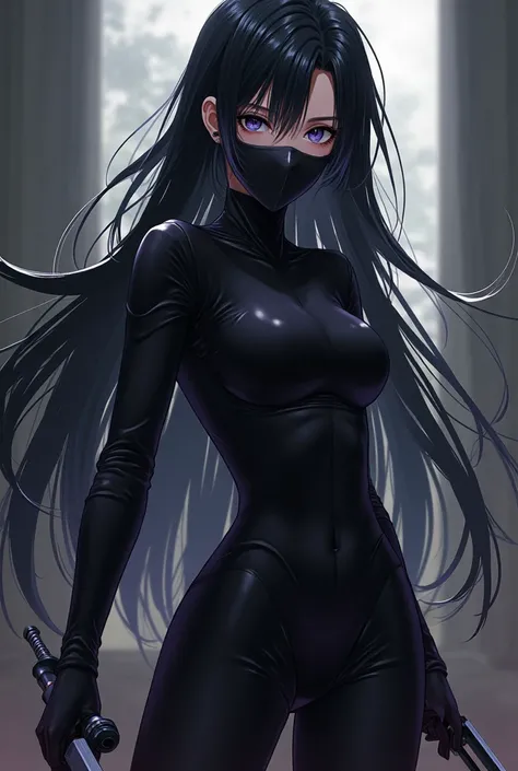 A 20-year-old girl with long black hair, with a black eye and a purple eye wearing a mask covering one of their eyes and a black full garment, A dagger in your hand anime-style