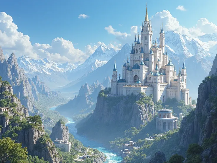 Greatest Masterpiece, Best Quality,  Fantastic, Royal City, Majestic castle, Buildings based on white, The details are fine, beautiful,  mountain range visible in the distance,  bright blue sky, shot from below,  